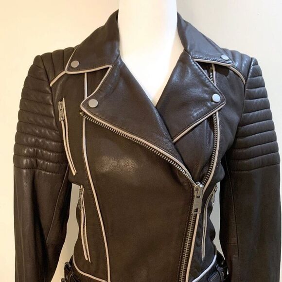 AllSaints Bixer Piped Biker Jacket Lamb Leather US 2 EU 34 UK 6 Women’s XS - Picture 2 of 10